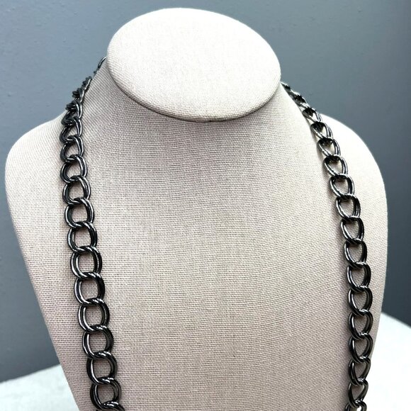 Gunmetal Chrome Link Necklace Dark Silver Double Links Lobster Clasps - Picture 3 of 5